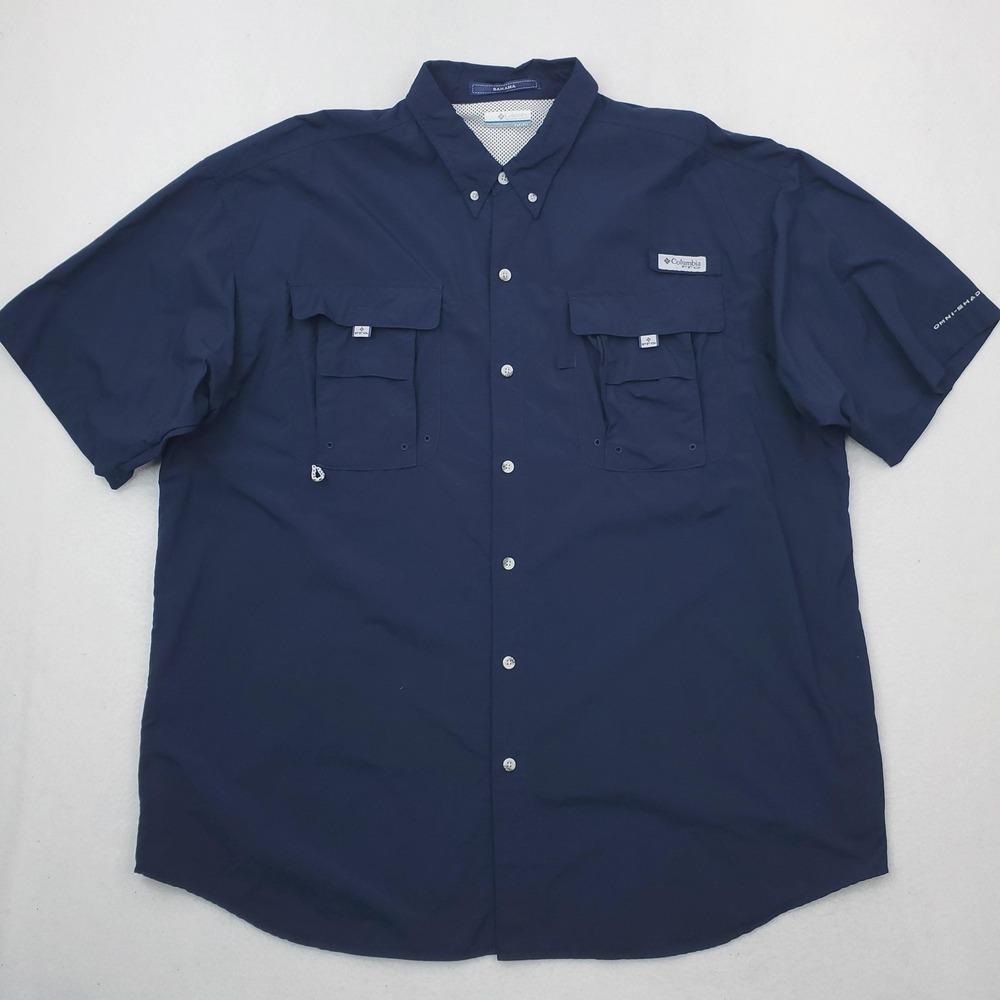 Columbia PFG Shirt Mens 2XLT Navy Bahama Short Sleeve Fishing Vented Outdoor